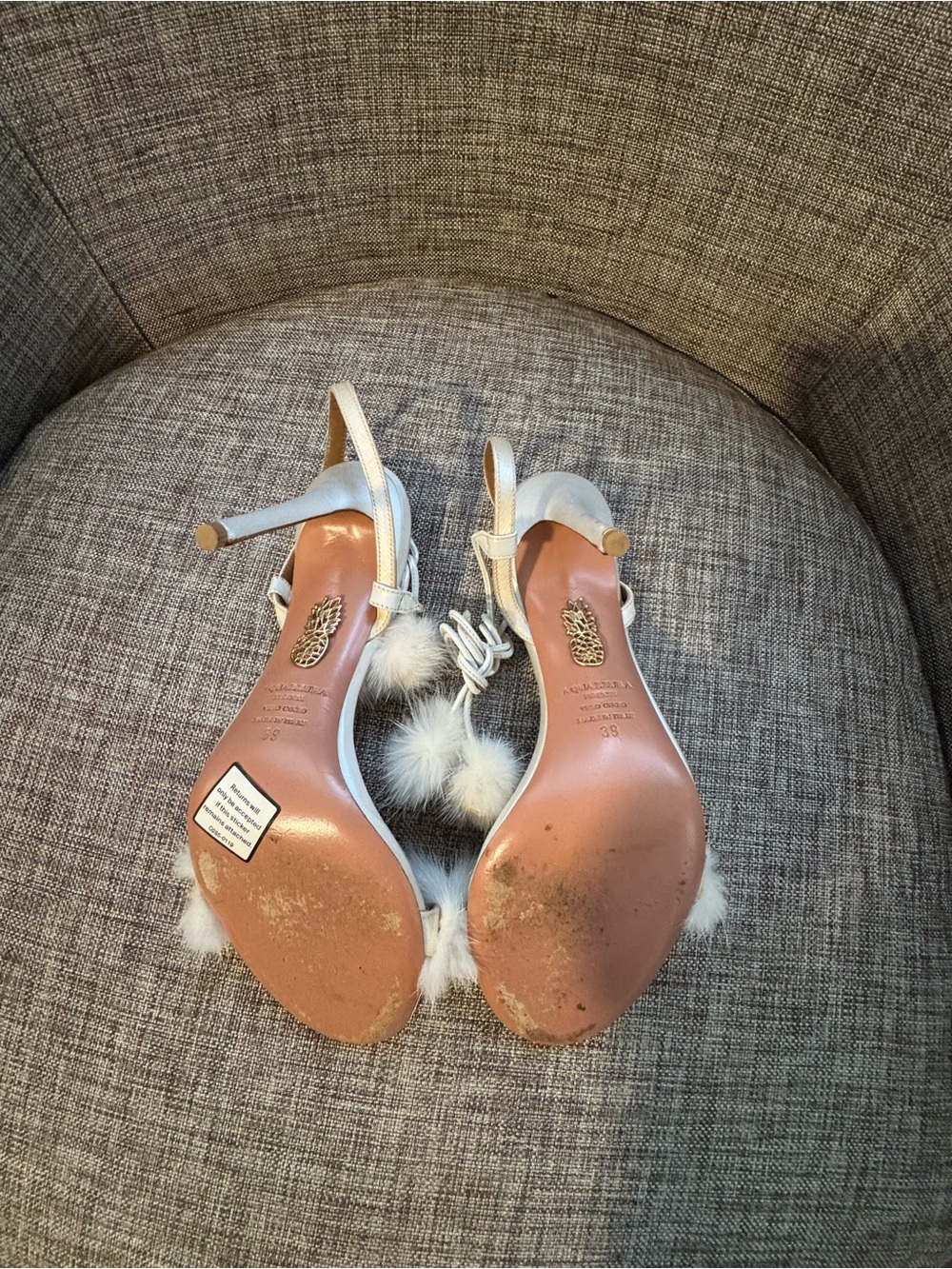 Aquazzura White real Mink Pom-Pom Strappy Stiletto Sandals - Picture 7 of 7